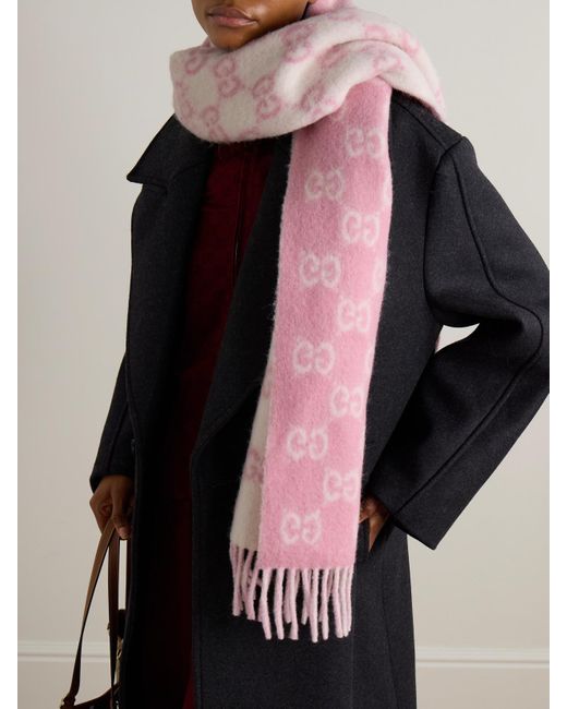 Gucci Pink Fringed Jacquard-Knit Scarf