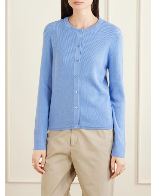 Lisa Yang Blue Abeena Ribbed Cotton And Cashmere-Blend Cardigan