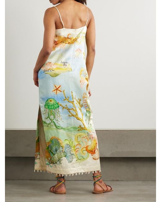 ALÉMAIS Metallic Sam Pauletto Emerald Cove Embellished Printed Hemp And Silk-Blend Midi Dress