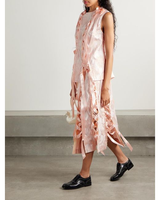 Simone Rocha Pink Unraveling Ribbon Lace-Up Frayed Brocade Top