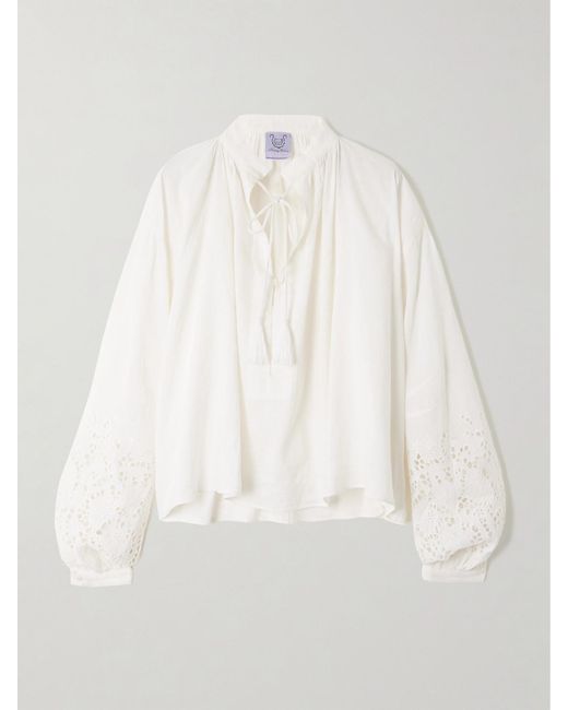Thierry Colson White Gathered Broderie Anglaise Linen And Cotton-Blend Blouse