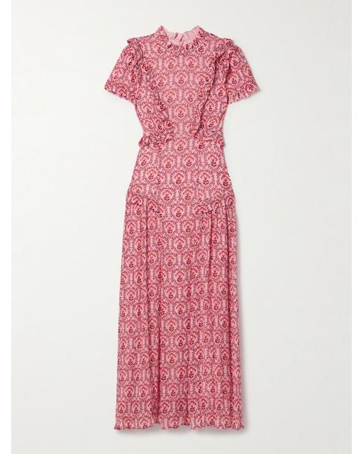 Cefinn Pink Mirabel Ruffled Floral-Print Metallic Fil Coupé Crepon Maxi Dress