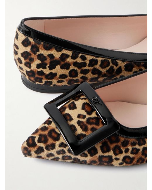 Roger Vivier White Gommettine Buckled Patent Leather-Trimmed Leopard-Print Calf Hair Ballet Flats