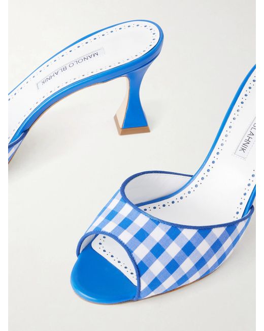 Manolo Blahnik Blue Jadara 70 Checked Woven Mules