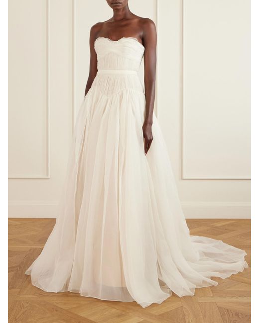 Danielle Frankel White Henrietta Strapless Bustier Crinkled Silk-Organza Gown