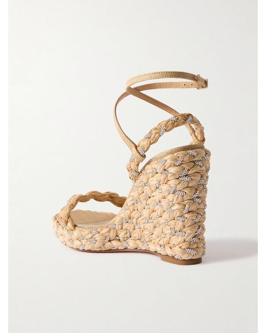 Aquazzura Natural Costiera 120 Crystal-Embellished Cord-Trimmed Raffia Platorm Wedge Sandals