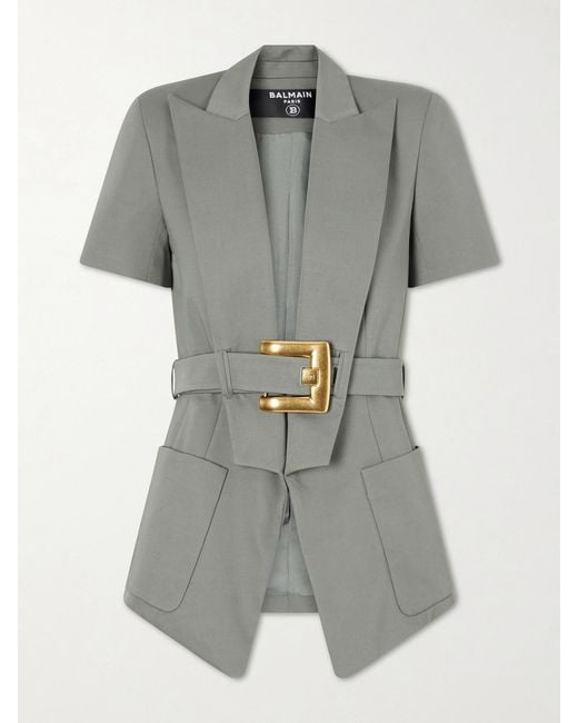 Balmain Gray Belted Cotton-Gabardine Jacket