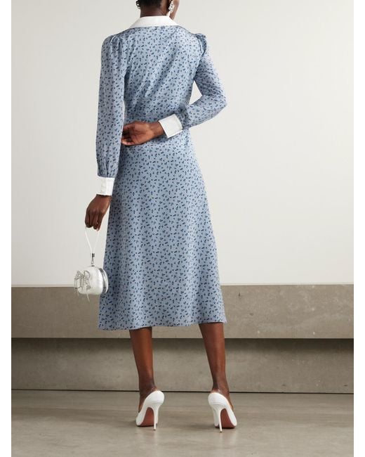 Alessandra Rich Blue Midi-Hemdblusenkleid Aus Crêpe De Chine Aus Seide Mit Blumenprint Und Mikadobesätzen