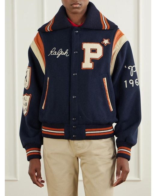 Polo Ralph Lauren Blue Embroidered Appliquéd Leather-Trimmed Wool-Blend Twill Jacket