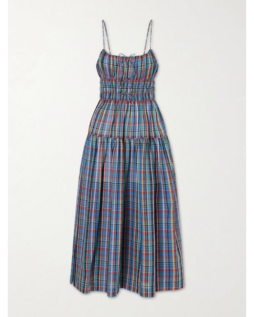 Doen Blue Brielle Gathered Checked Organic Cotton Midi Dress