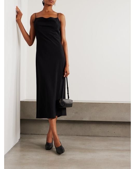 Calvin Klein Black Lynn Draped Wool Crepe De Chine Midi Dress