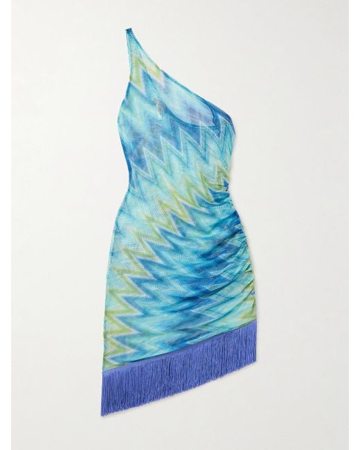 Missoni Blue One-Shoulder Fringed Printed Tulle Mini Dress