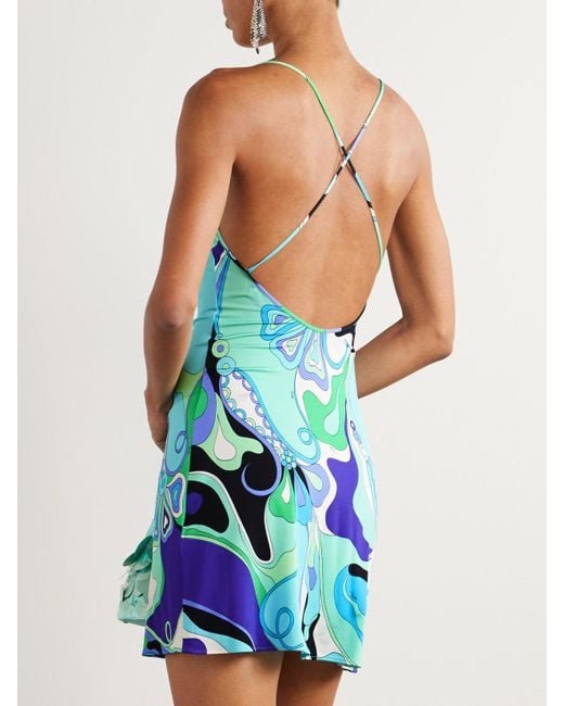 Emilio Pucci Blue Draped Printed Stretch-Jersey Mini Dress