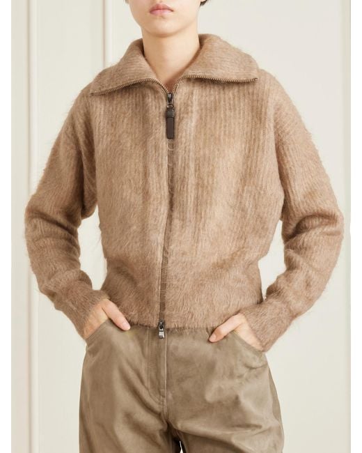 Brunello Cucinelli Natural Ribbed Brushed-Knit Zip-Up Cardigan