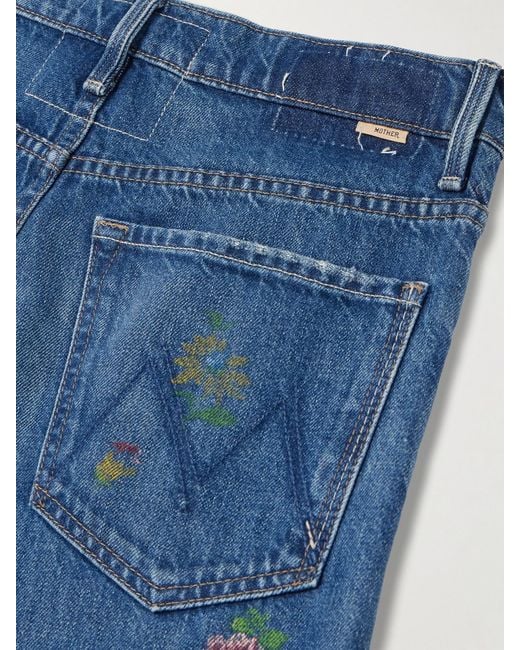 Mother Blue The Rerun Zip Sneak Floral-Print High-Rise Wide-Leg Jeans