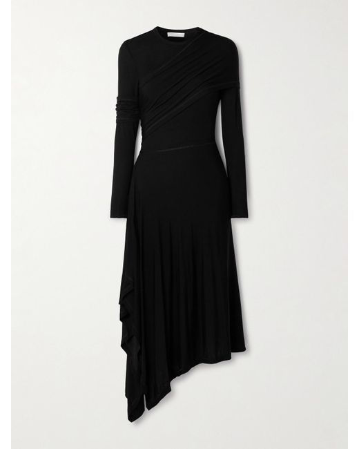 Helmut Lang Black Draped Asymmetric Stretch-Lyocell Jersey Midi Dress