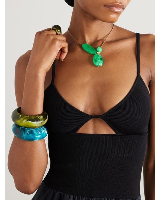 Dinosaur Designs Green Rock Cluster Leather, Resin And-Tone Necklace