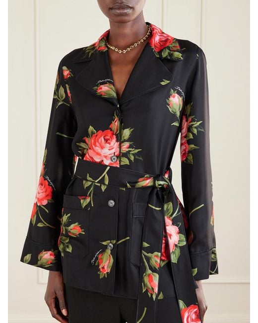 Dolce & Gabbana Black Belted Floral-Print Silk-Twill Shirt