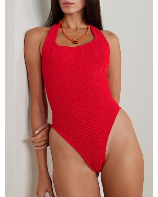 Hunza G Red Sandy Seersucker Halterneck Swimsuit