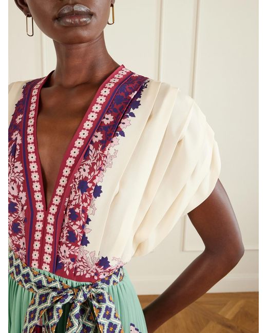 LaDoubleJ Multicolor Belted Printed Pleated Crepe De Chine Maxi Dress