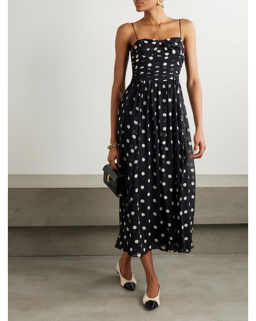 Doen White Maryanna Bow-Detailed Ruched Polka-Dot Silk-Georgette Midi Dress