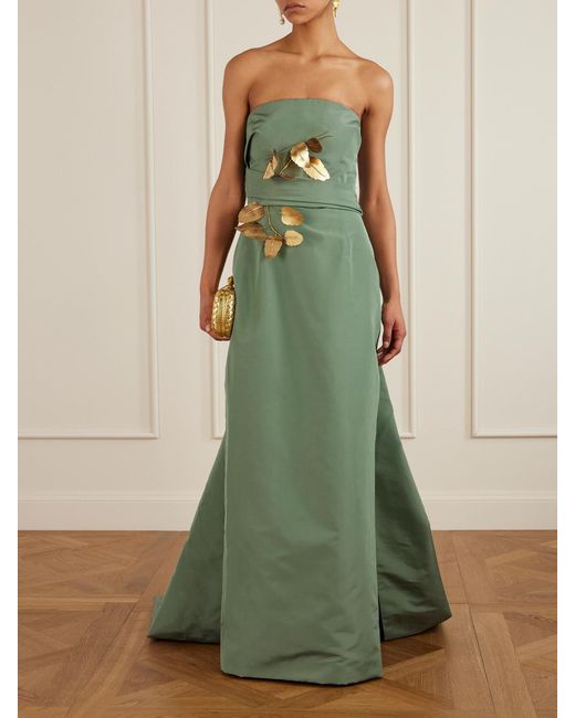 Oscar de la Renta Green Strapless Draped Embellished Silk-Faille Gown