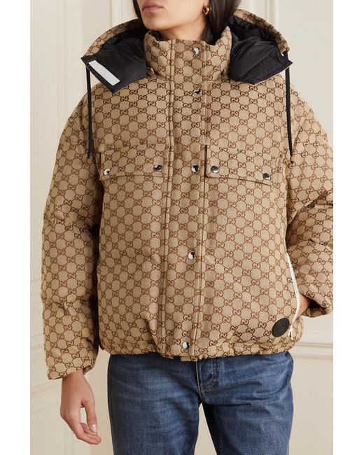Nylon down jacket with GG inserts in black | GUCCI® US