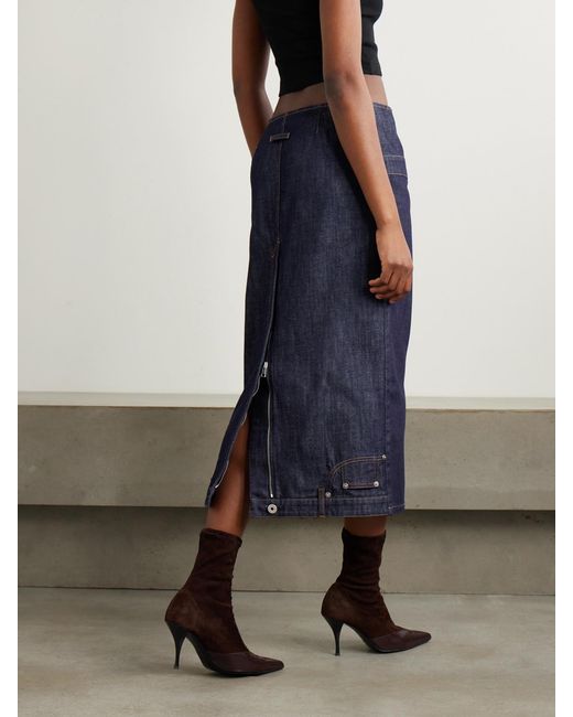 Jean Paul Gaultier Blue Paneled Topstitched Denim Midi Skirt