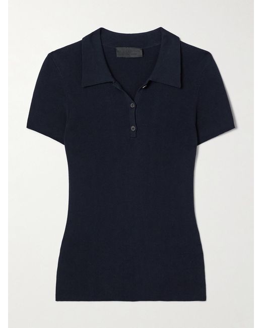 Nili Lotan Blue Solana Ribbed Cotton Polo Top