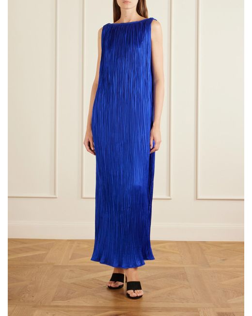 Aflalo Blue Celestia Plissé-Satin Maxi Dress