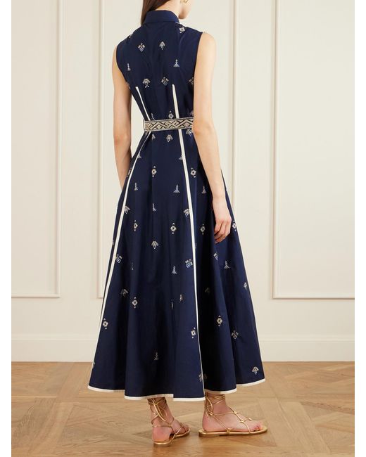 Emporio Sirenuse Blue Belted Embroidered Cotton-Poplin Midi Dress