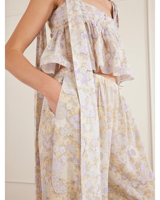 Chloé Natural Ruffled Floral-Print Silk-Charmeuse Wide-Leg Pants