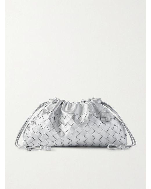 Bottega Veneta Gray Pouch Intrecciato Metallic Leather Pouch