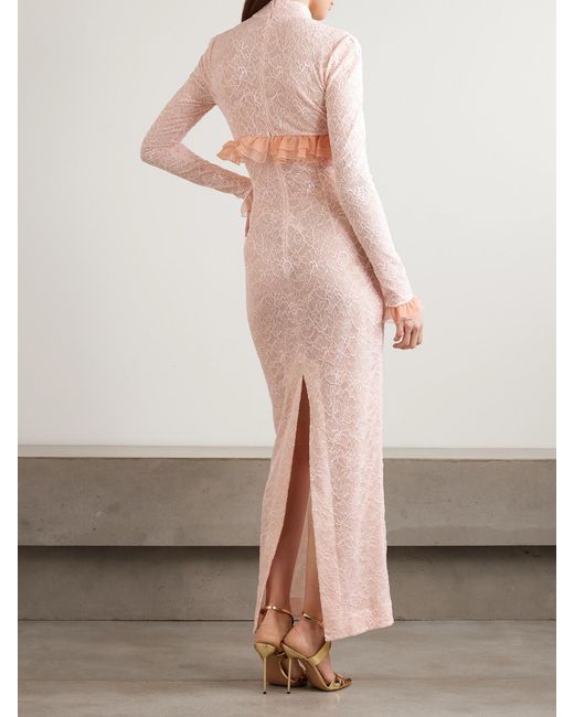 Alessandra Rich Pink Bow-Embellished Ruffled Silk Organza-Trimmed Stretch-Lace Gown