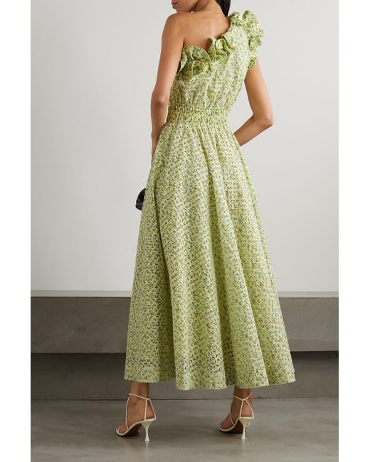 ALÉMAIS Maeve One-shoulder Floral-print Broderie Anglaise Cotton Maxi Dress  in Green | Lyst