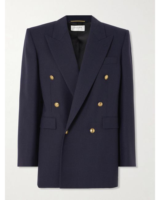 Saint Laurent Blue Doppelreihiger Oversized-Blazer Aus Grain De Poudre Aus Wolle