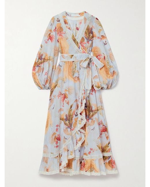 Zimmermann White Ascension Lace-Trimmed Tiered Printed Cotton-Voile Midi Wrap Dress