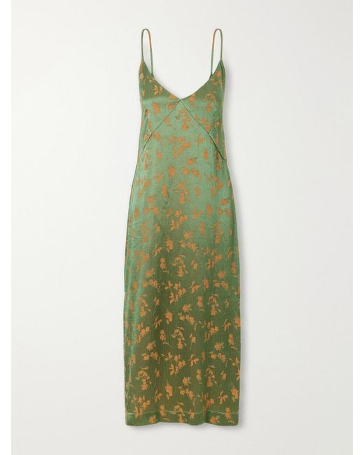 Dries Van Noten Green Floral-Jacquard Satin Midi Dress