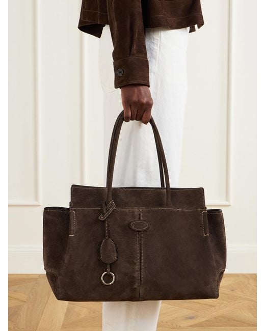 Tod's Brown Logo-Embossed Suede Tote