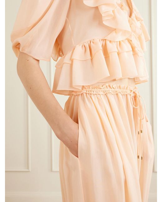 Chloé Natural Ruffled Pleated Lace-Trimmed Silk-Charmeuse Balloon Pants