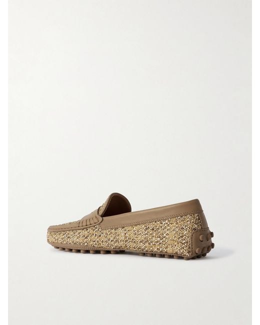 Tod's Natural Leather-Trimmed Raffia Mocassins