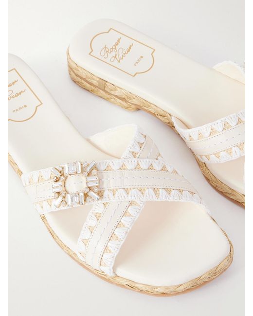 Roger Vivier Natural Strass Crystal-Embellished Leather-Trimmed Raffia Slides