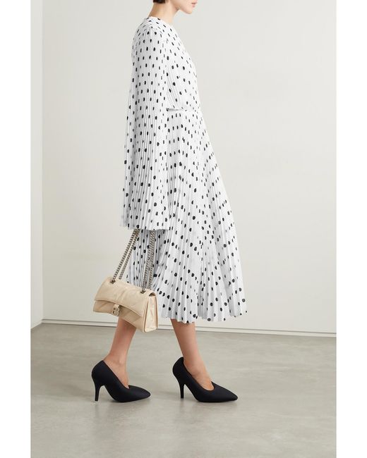 Balenciaga White Pleated Polka-Dot Crepe Midi Dress