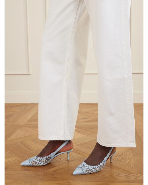 Aquazzura White Kahlo 50 Embroidered Leather-Trimmed Mesh Slingback Pumps