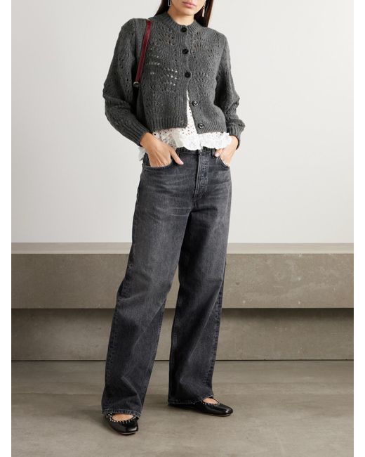 FRAME Gray Open-Knit Merino Wool Cardigan