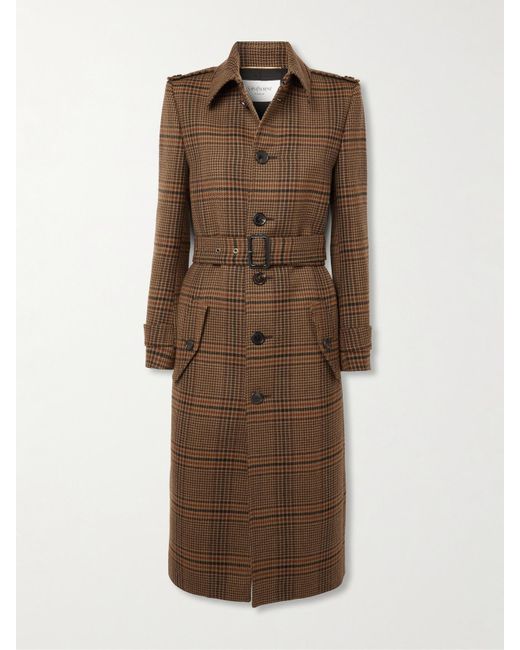 Saint Laurent Natural Belted Checked Wool Trench Coat