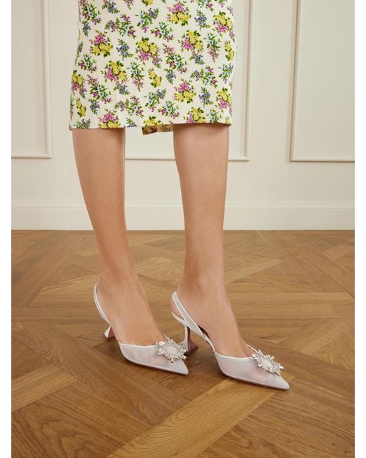 AMINA MUADDI Natural Begum Crystal-Embellished Leather-Trimmed Mesh Slingback Pumps