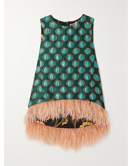 LaDoubleJ Green La Scala Asymmetric Feather-Trimmed Metallic Jacquard Top