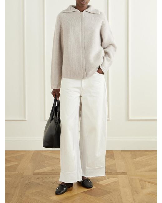 LeKasha Natural Ribbed Cashmere Zip-Up Cardigan