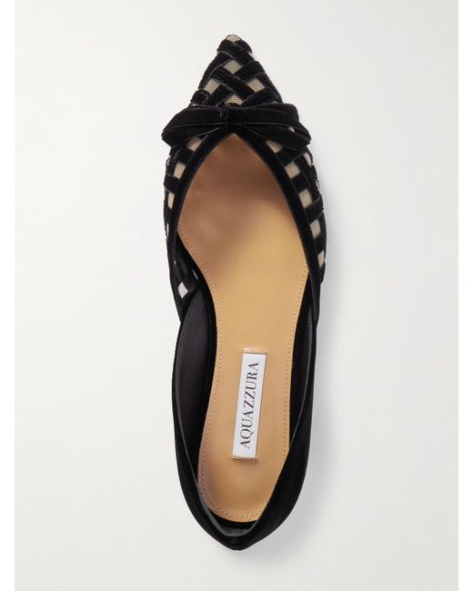 Aquazzura Black Romance Bow-Embellished Mesh-Trimmed Velvet Pointed-Toe Ballet Flats